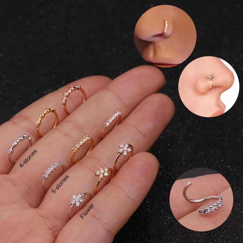 1Piece 20gx8mm Zircon Nose Rings Nostril Bendable Flower Hoop Ring Tragus Ear Cartilage Earring for Women Nose Piercing Jewelry
