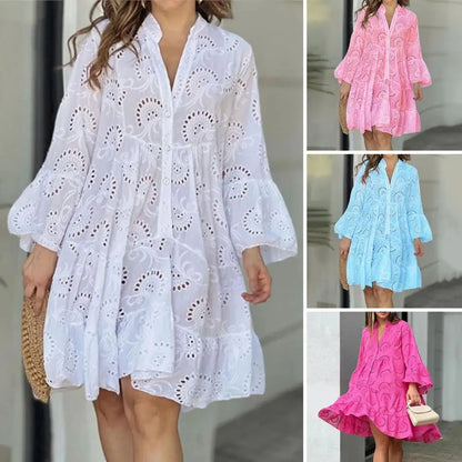 Women's Summer Vintage Lace Dress Loose Elegant Lady Style Dress Stand Collar Puff Sleeve Dress Stylish A-line Dress Lady Supply