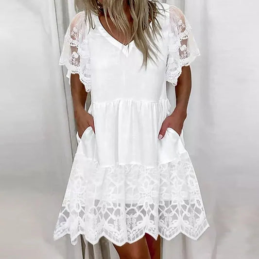Women V-Neck Short Sleeve Ruffles Mini Dresses Elegant White Color Embroidery Lace Mesh Party Dress Lady Casual Summer NewDress