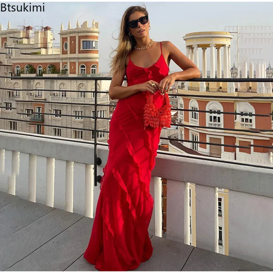 2024 Women's Ruffles Chiffon Maxi Dresses Backlesss Split Sexy Porm Dress Red Long Summer Wedding Party Dress Elegant Vestidos