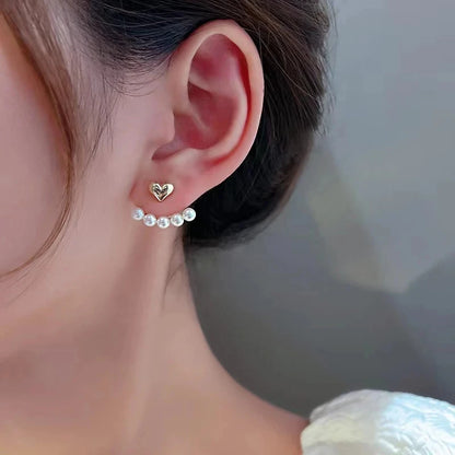 2023 New Elegant Metal Heart-Shaped Back Hanging Pearl Earrings Korean Fashion Jewelry For Woman Girls Accessories Wholesale