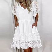 Women V-Neck Short Sleeve Ruffles Mini Dresses Elegant White Color Embroidery Lace Mesh Party Dress Lady Casual Summer NewDress