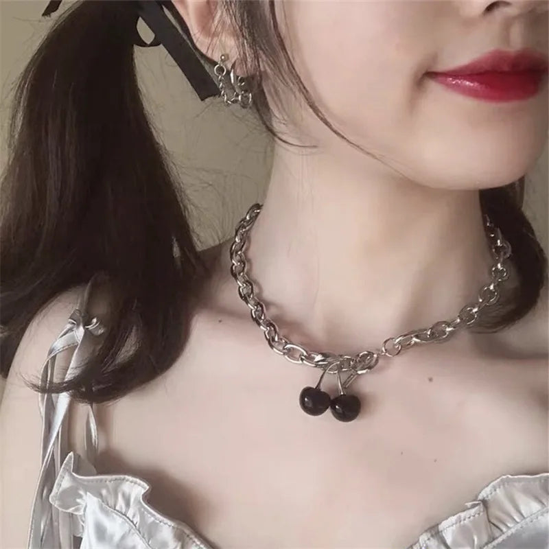 Y2k Black Cherry Hip Hop Pendant Necklace Women Korean Fashion Gift Charm Chain Necklace Choker Vintage Cheep Stuff New In Jewelry