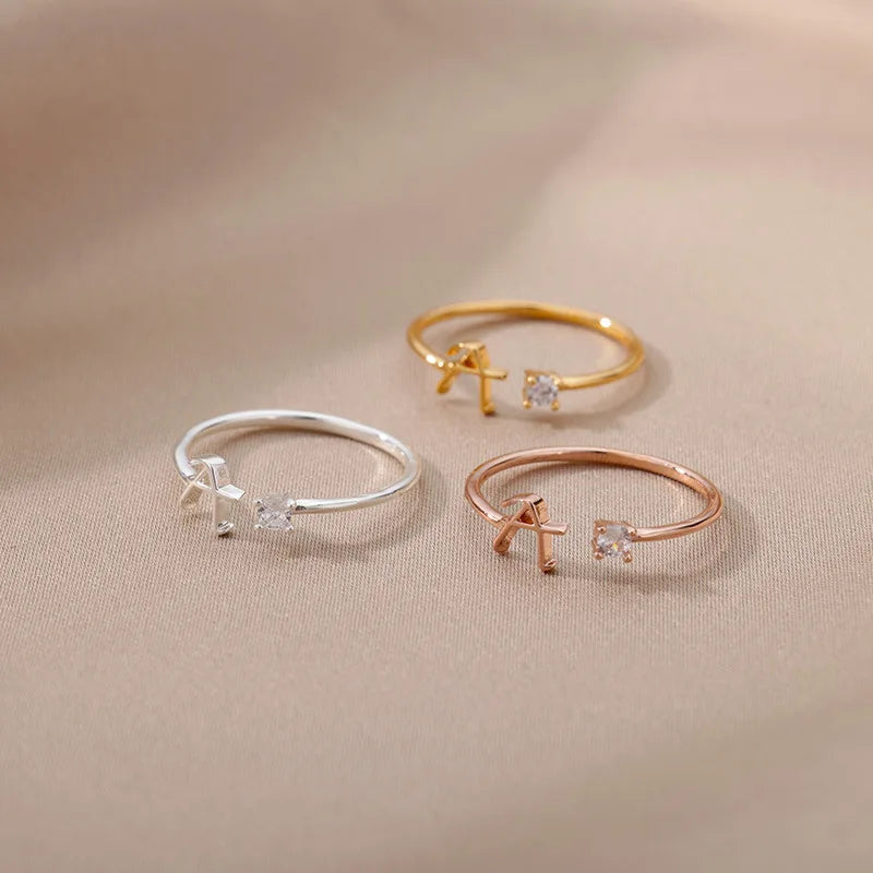 Zircon Initial Letter Rings For Women Stainless Steel Ring AZ Letters Finger Ring Wedding Christmas Jewelry Gift Bijoux Femme