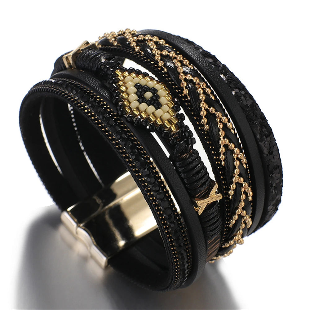 WYBU Multilayer Handwoven Leather Bracelet for Women Magnet Buckle Wide Bracelet Rice Bead Woven Devil's Eye Leather Bracelet