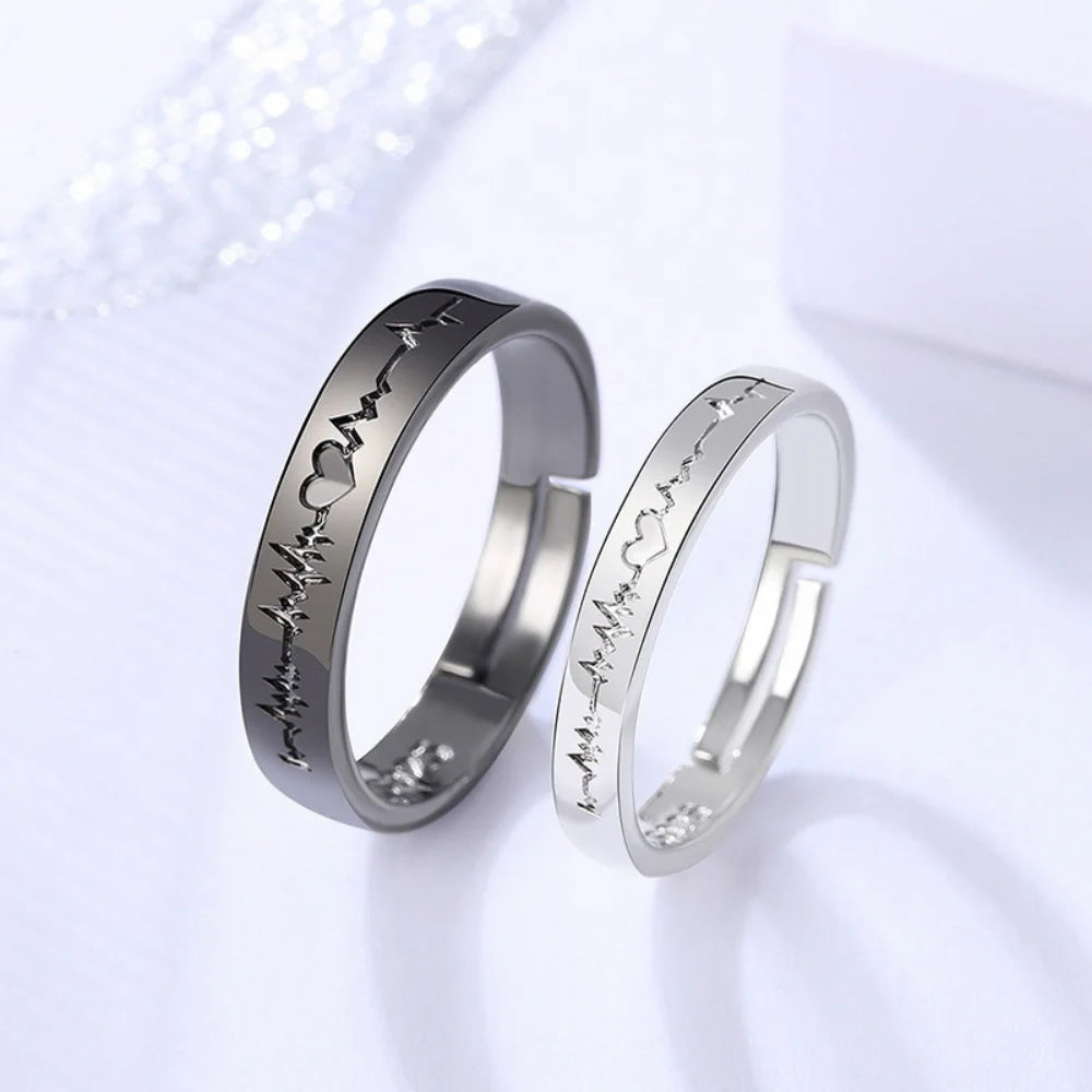 2Pcs/set Romantic Couple Rings for Women Men Punk Heart ECG Black White Forever Love Promise Ring Valentine'S Day Gift Jewelry