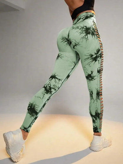 Women Tie Dye Hollow Out Leggings Sports Yoga Pants Fitness Sportswear Sexy High Waist Push Up Gym Tights Running Leggings