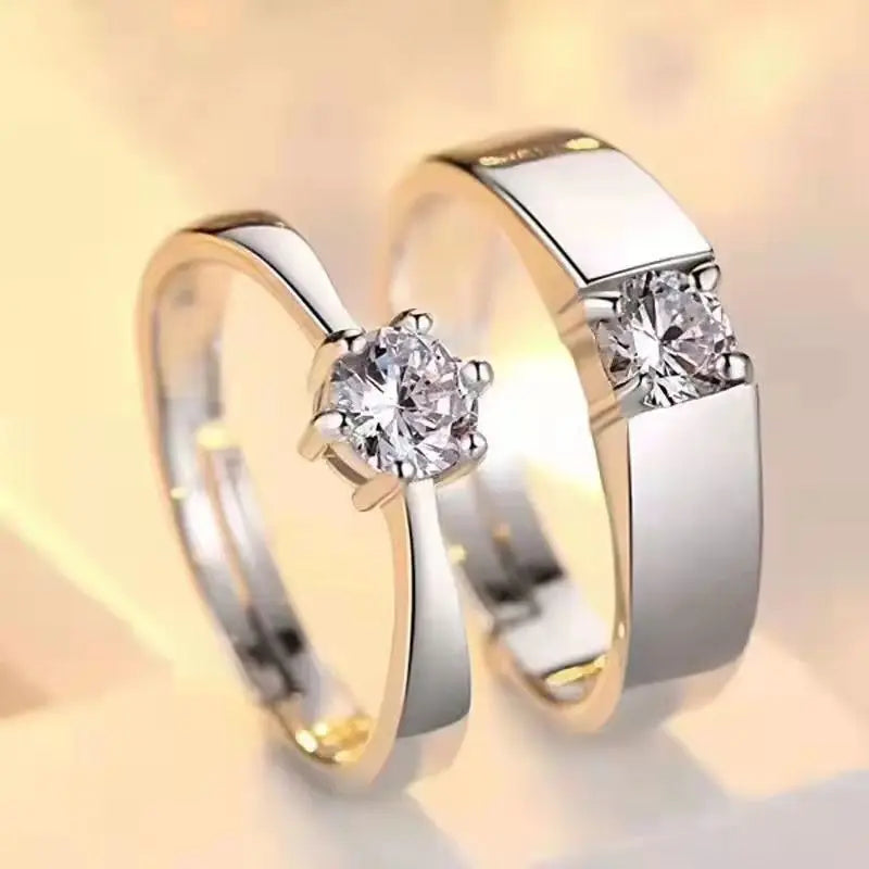 2 Pieces/set Women and Men Fashion Crystal Six Claw Open Adjustable Wedding Rings Crwon Couple Rings Jewelry Gifts For Lovers