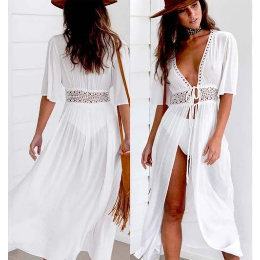 Women's Sexy Bikini Cover-ups Lace Long Cape Cardigan Coat Long Sleeve Crochet Tunic Hollow Out Casual Beach Swimsuit Cover Up