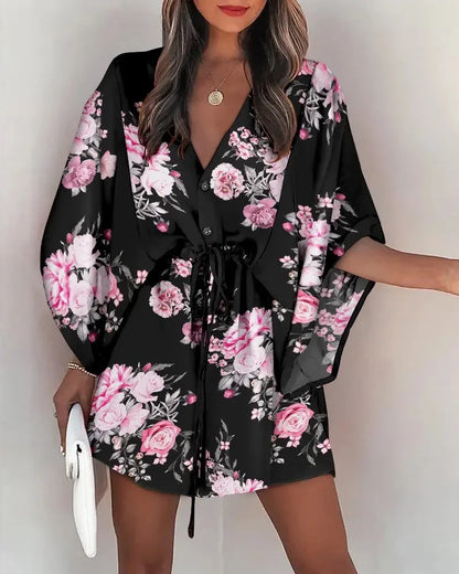Women's Summer Flying Sleeves Sexy V-neck Lace Up Print Beach Dress 2023 Women's Spring Quarter Sleeve Loose Button Mini Dress