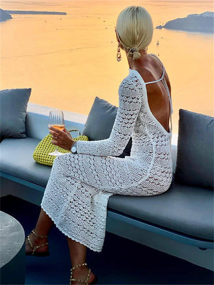 wsevypo Backless Tie Up Knit Crochet Beach Long Dress Women Fall Spring Hollow-Out O-Neck Wrap Bodycon Dress Holiday Party Wear