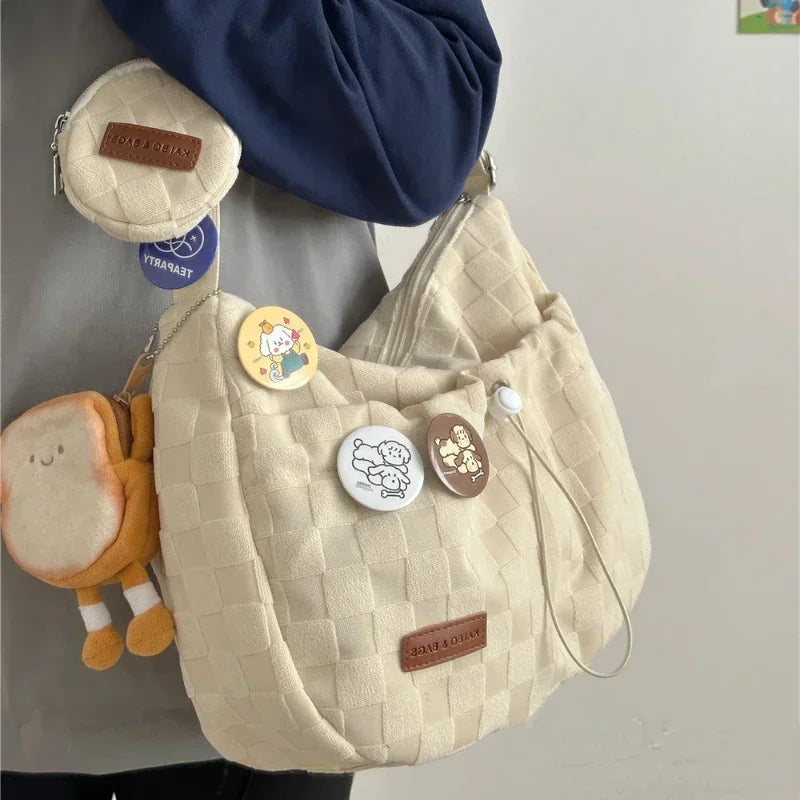 Xiuya Harajuku Style College Crossbody Bag Solid Color Plaid Print Large Capacity Shoulder Bag New Cute Fashion Designer Handbag