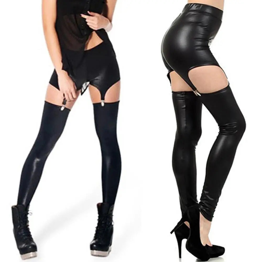 Leggings Women Pants Fashion Faux Leather Tight Suspender Punk Buckle Waist Garter Overknee Stockings