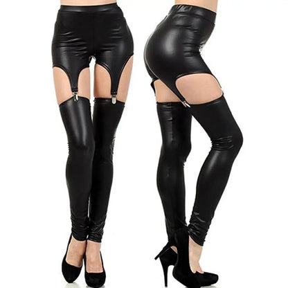 Leggings Women Pants Fashion Faux Leather Tight Suspender Punk Buckle Waist Garter Overknee Stockings