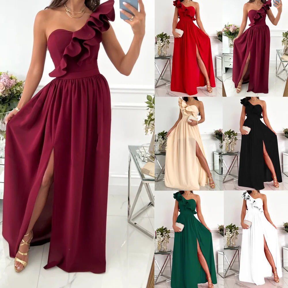 Women's Sleeveless Ruffle Hem Split Party Dress, Elegant Long Dress, Chiffon Midi Dresses, Sexy, New, Summer, S-XXL, 2023