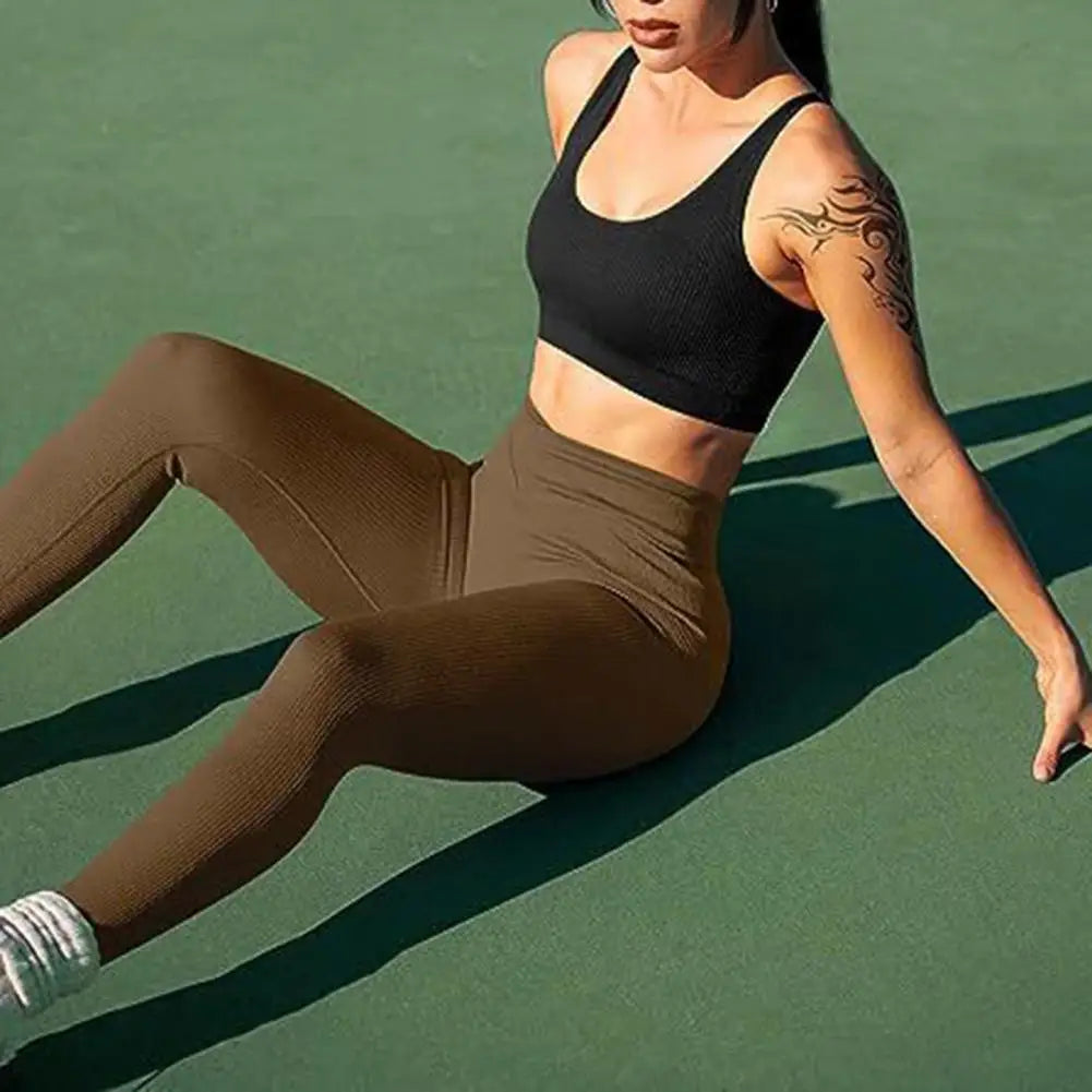 Women Yoga Leggings Ribbed Pattern High Waist Long Pants Seamless Athletic Workout Leggings Sports Exercise Casual Pants