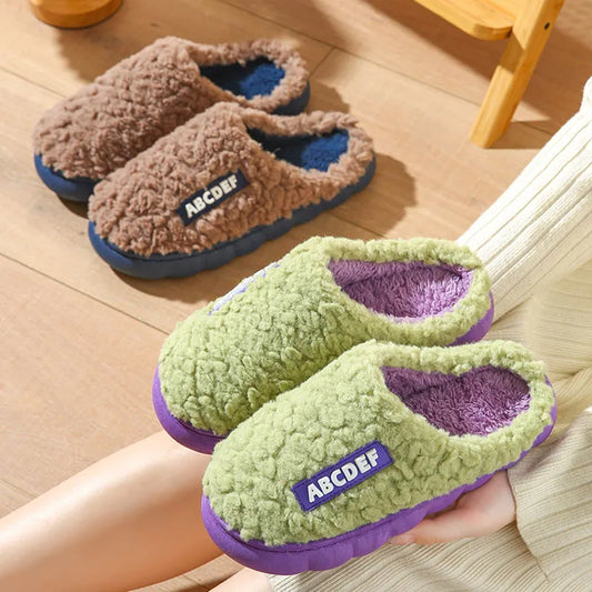 Women Men Plush Slippers Soft Cotton Slippers Shoes Fashion Color Contrast Non-Slip Floor Indoor Flop Slips Bedroom Warm Winter