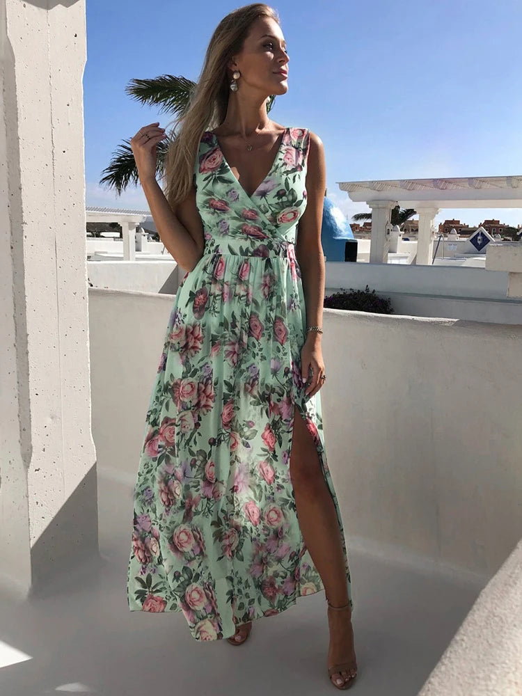 Chiffon Dress Pink Elegant Ladies Flroal Print Split Beach Holiday Long Maxi Dresses For Women Summer Clothes New Arrival 2022