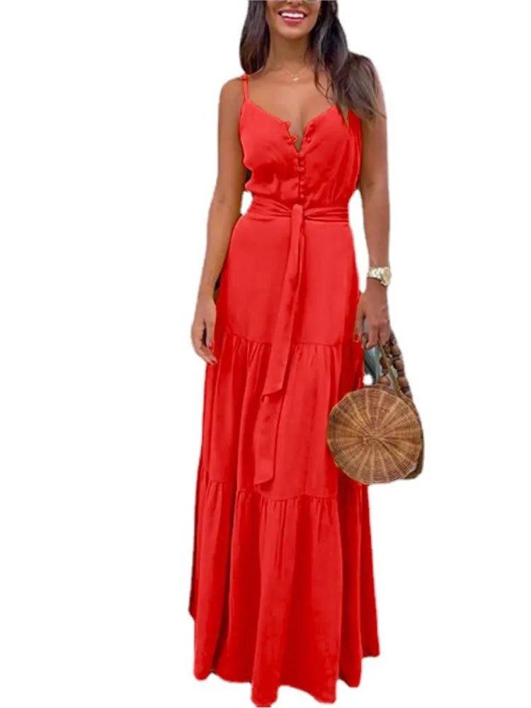 Womens Summer Spaghetti Strap Long Dress Bohemian Style Sleeveless V-neck Elegant Lady Dresses Casual Maxi Beach Party Vestidos