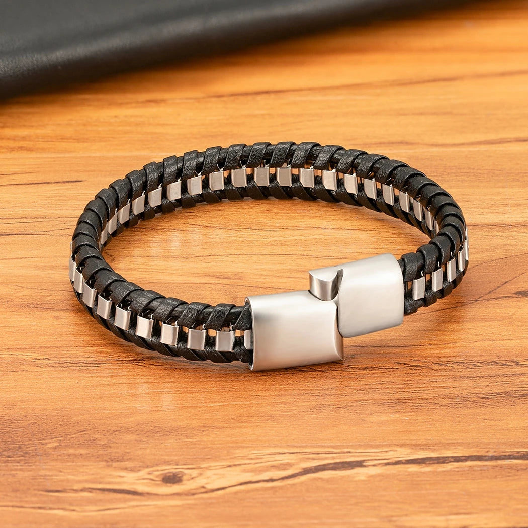 XQNI Braided Rope Woven Black Leather Men Bracelets Punk Style Stainless Steel Bangle for Friend Charm Fashion Jewelry Gifts