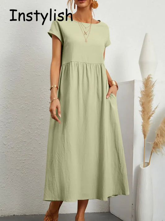 Women Elegant Solid Maxi Dress Summer Short Sleeve O Neck Vintage Harajuku Cotton Linen Loose Sundress Y2K Pockets Long Dress 