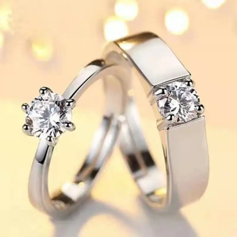 2 Pieces/set Women and Men Fashion Crystal Six Claw Open Adjustable Wedding Rings Crwon Couple Rings Jewelry Gifts For Lovers