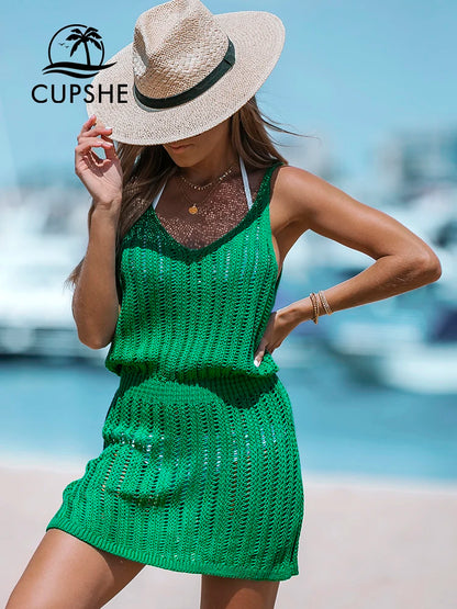 CUPSHE Crochet Bikini Swim Cover Up For Women Sexy V-neck Sleeveless Beach Tunic Mini Cover Up Dress 2023 Summer Beachwear