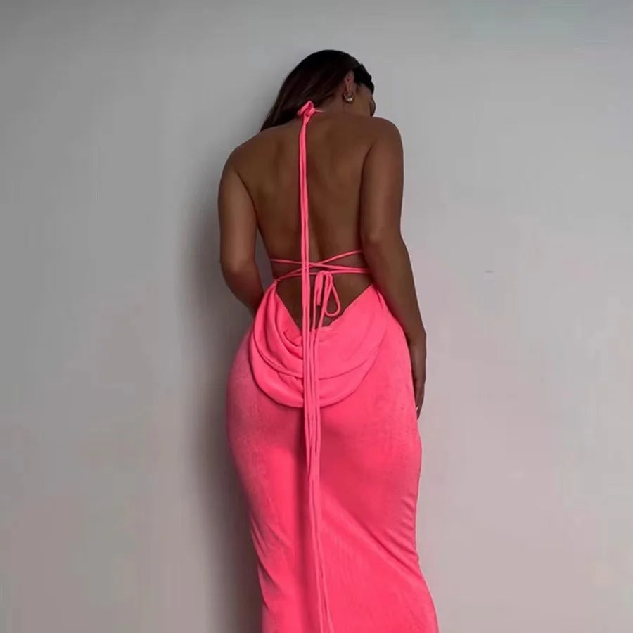 2023 New Sexy Solid Backless Maxi Dress Women Elegant Spaghetti Strap Slim Dress Female Summer Holiday Beach Party Dresses