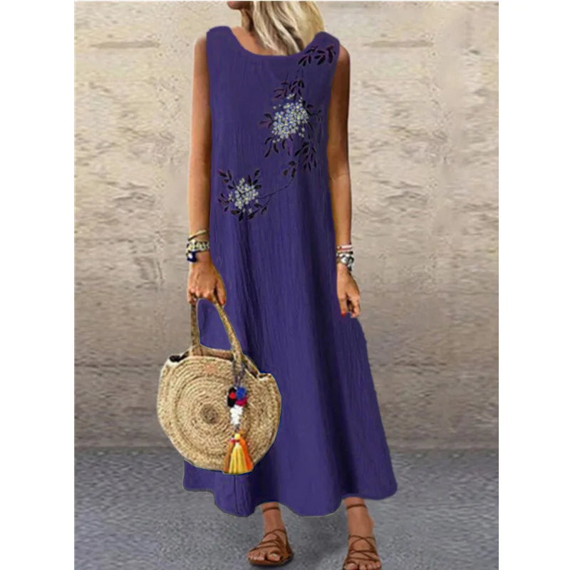 2023 Woman Summer Dress Vintage Cotton Linen Sleeveless Flowers Printed Long Dress Casual Loose Clothing Streetwear Maxi Dresses