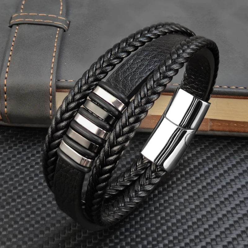 Charm Design Classic Men's Leather Bracelet 3 Colors Stainless Steel Magnet Bangle Fashion Men's Christmas New Year Gifts