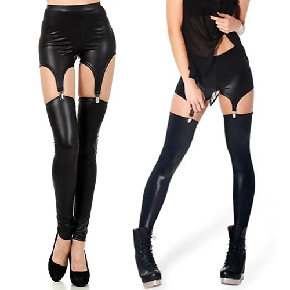 Leggings Women Pants Fashion Faux Leather Tight Suspender Punk Buckle Waist Garter Overknee Stockings