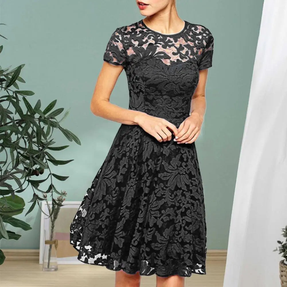 Women Summer Dress See-through Hollow Out Lace Party Mini Dress Round Neck A-line Plus Size Prom Dress Women Clothes
