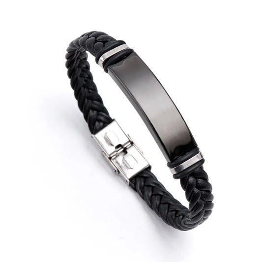 2022 Trendy Men Leatherwear Weave Bracelet Leisure Color Contrast Stainless Steel ID Bar Customize Engraving Bangle